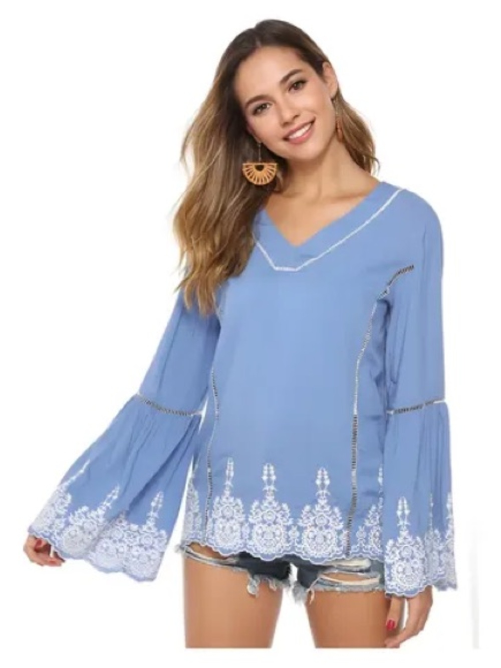Sundance Light Blue V-Neck Bell Sleeve Tunic with White Embroidery Size XL Boho